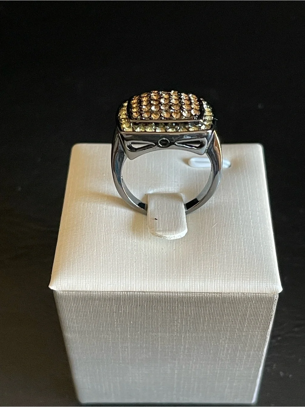 Black silver tone Square Pave Cocktail Ring with Champagne Crystals